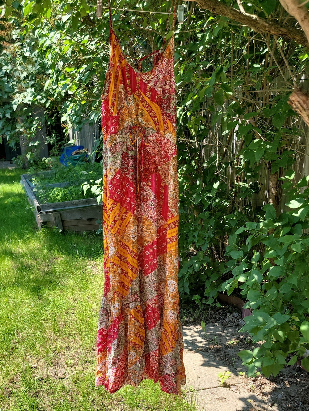Bohemian Patchwork Maxi Dress in Red & Mustard ♡ Size Small Adjustable Waist